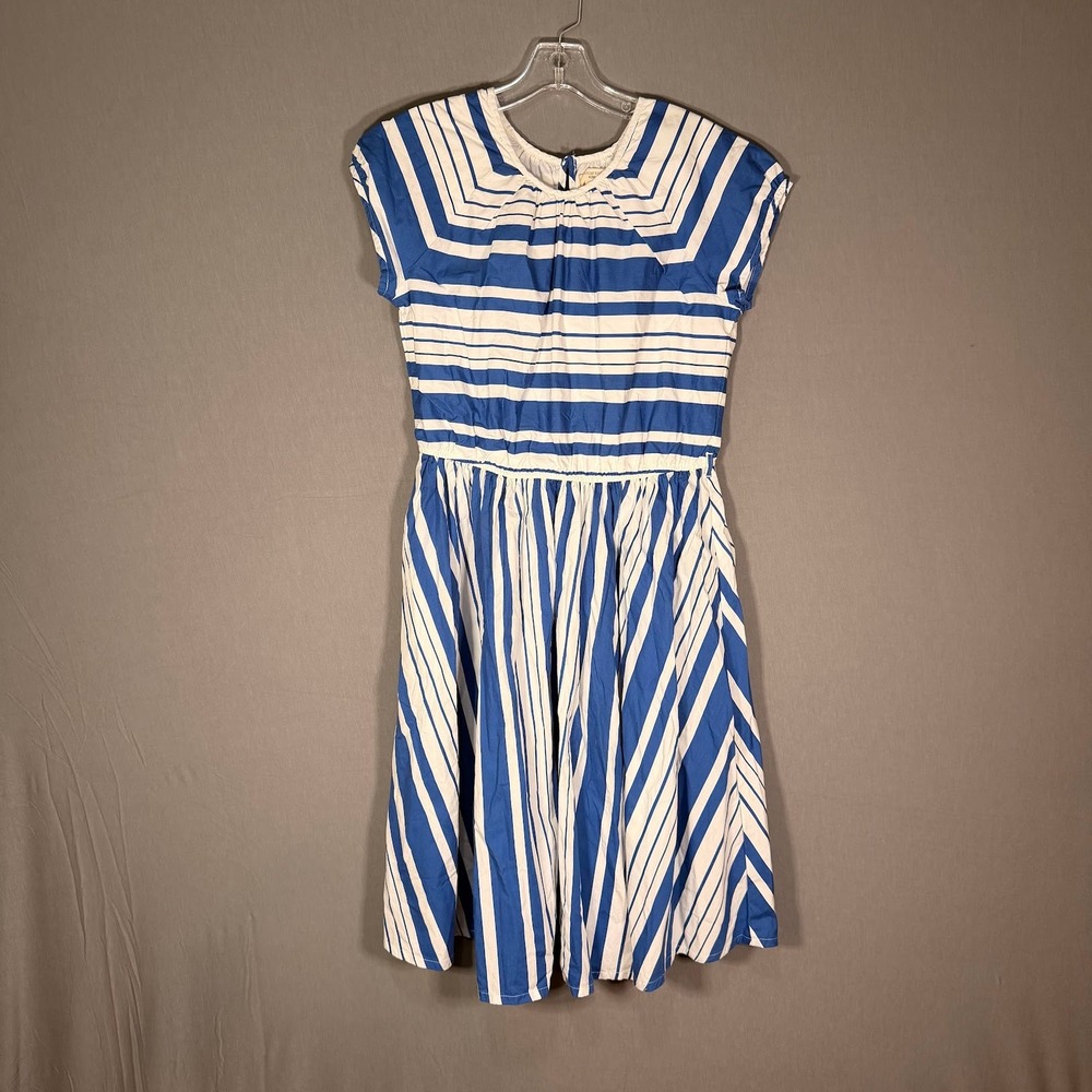 Lands End Kids Blue White Striped Cotton Cap Sleeve Dress Sz 16 Nautical Summer